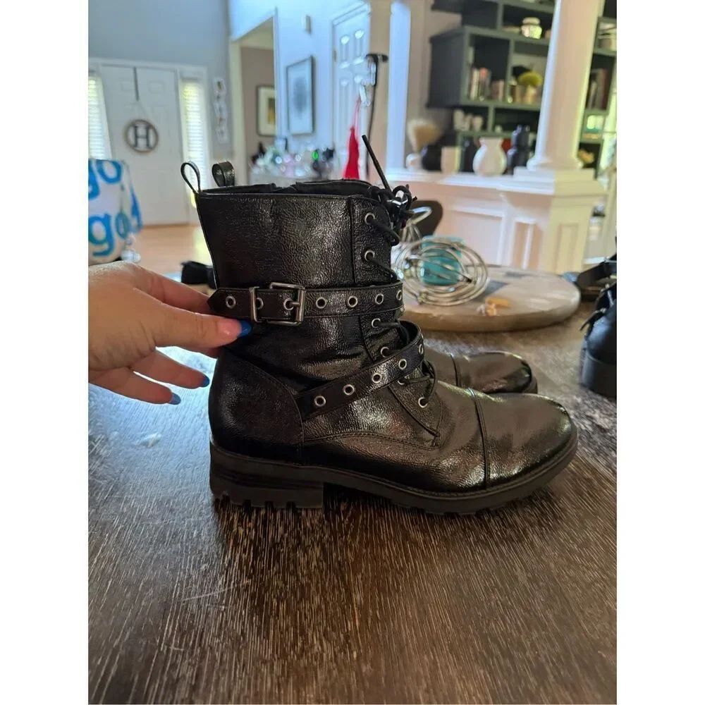 Yolanda Zula Black Patent Buckle & Lace Combat Boots sz 10 EUC